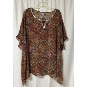 Catherines Beaded Tunic Top size 4X Hanky Hem Sheer Flowy Cold Shoulder
